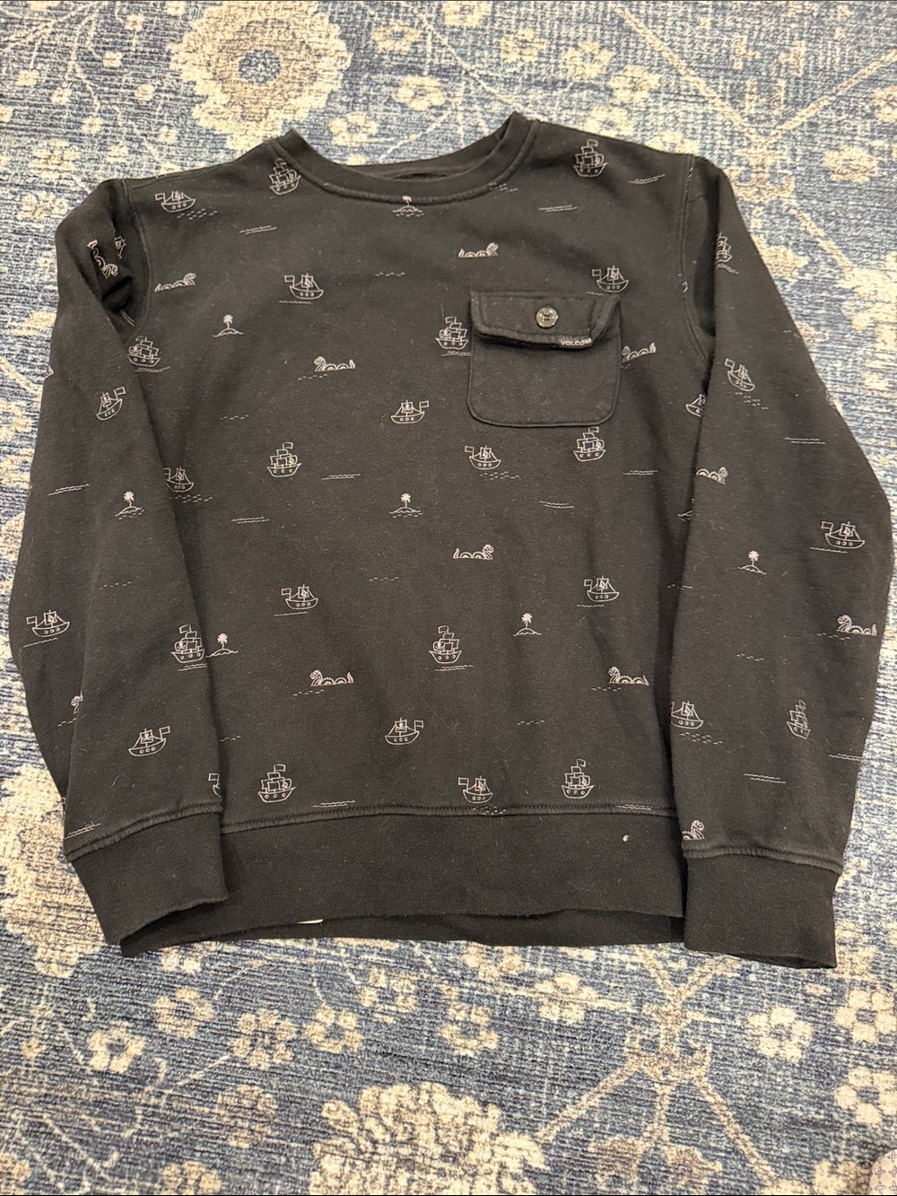 Volcom Black Crewneck Sweater with Chest Pocket and Small Ship Print